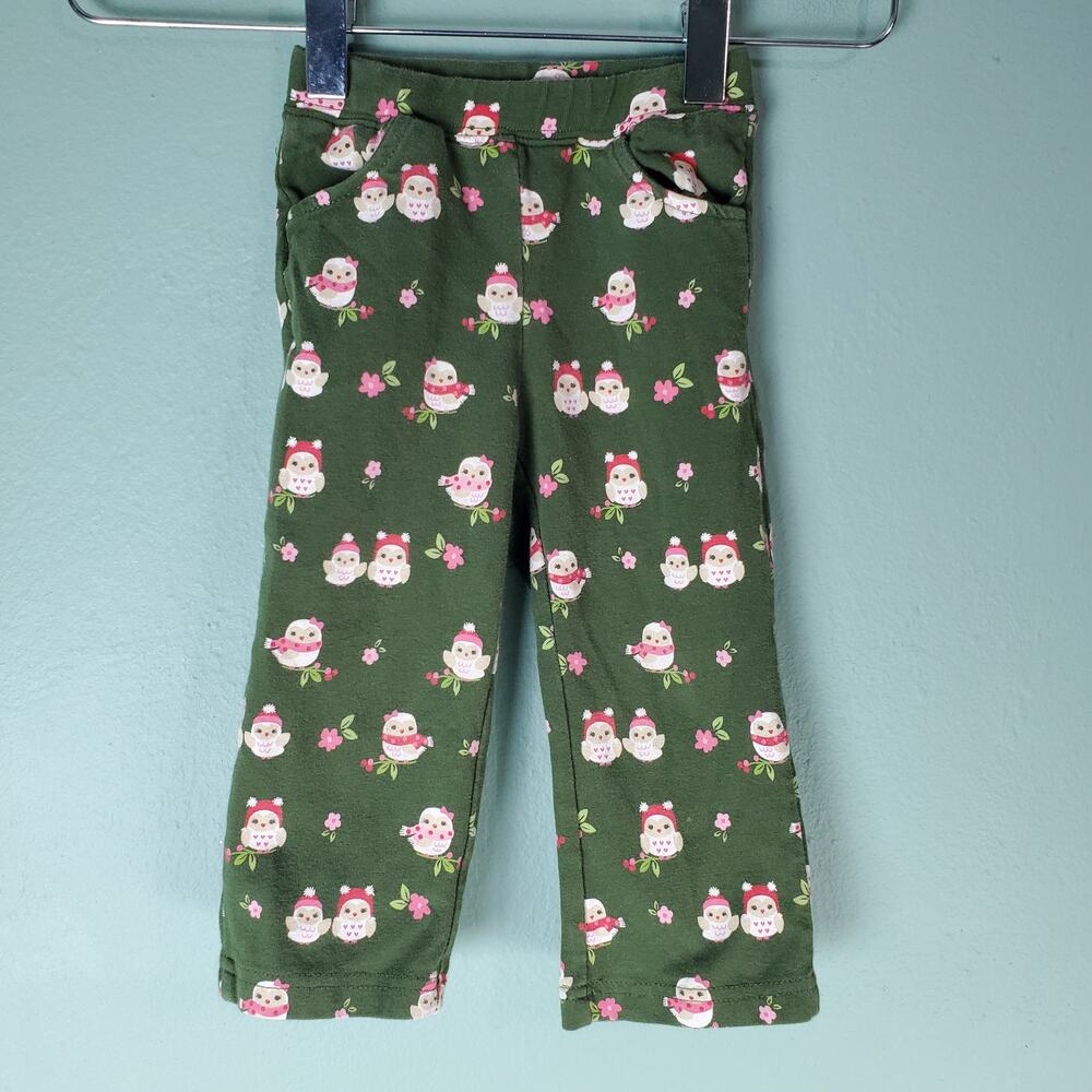 Gymboree Cozy Owl Toddler Girl Green Flower Pull On Pants Size 12-18M